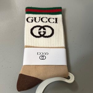 Gucci White Crew Socks with Green & Red Stripe and Brown Accents